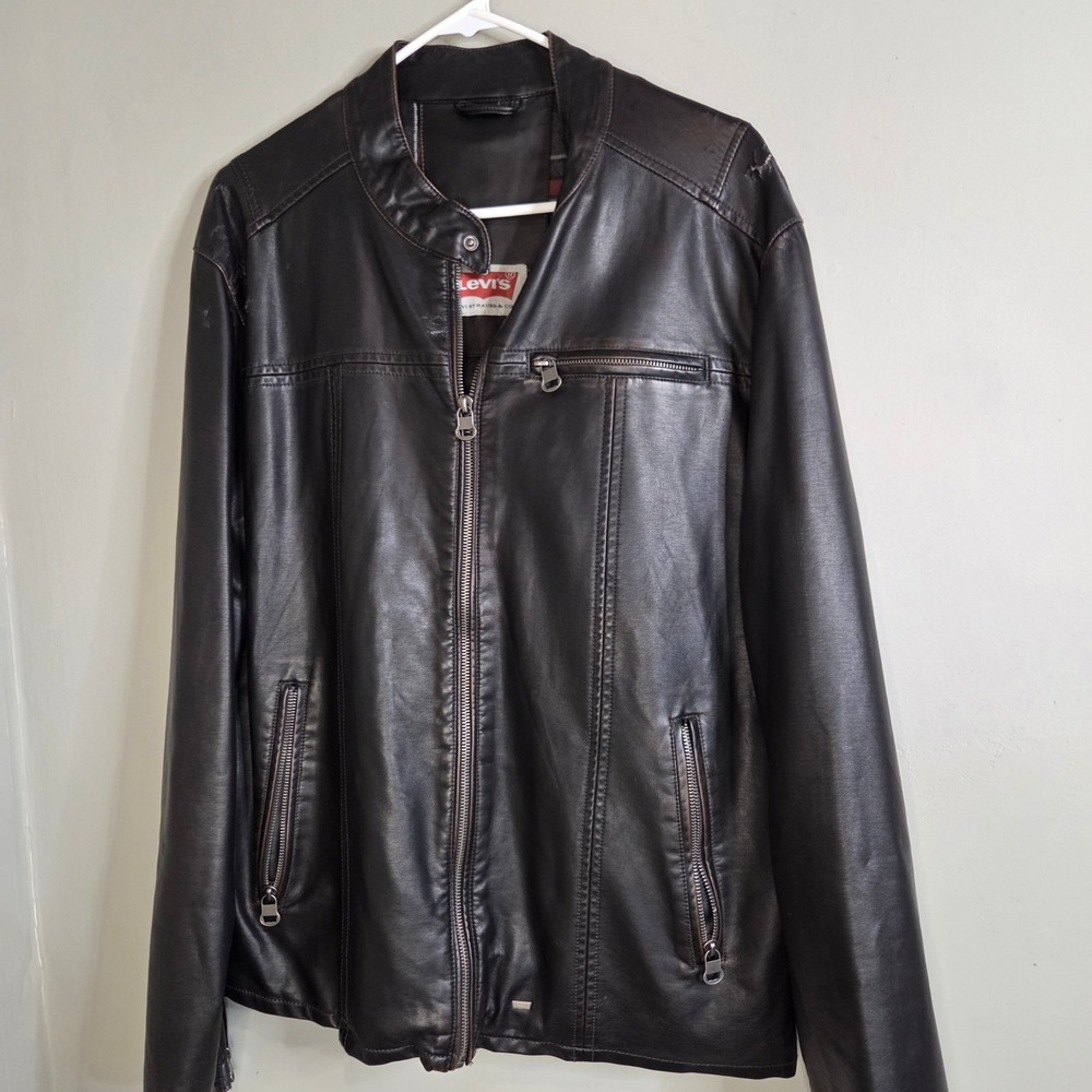 Levis Faux Leather Racer Jacket Mens Brown Moto Bomber Faux Leather Plaid Lining - Picture 2 of 8